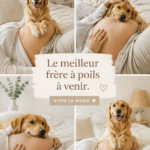 Un futur parent caresse un chien lors de sa grossesse, symbolisant l'amour et le soutien des animaux de compagnie.