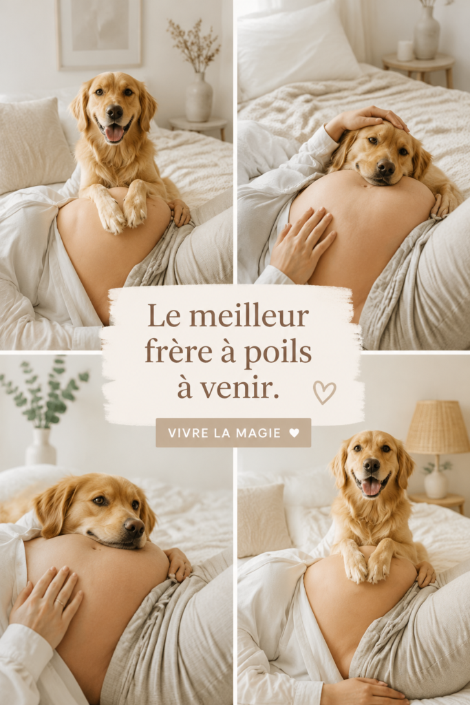 Un futur parent caresse un chien lors de sa grossesse, symbolisant l'amour et le soutien des animaux de compagnie.