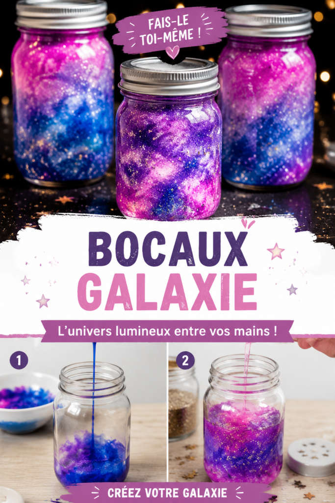 Un bocal galactique lumineux sur une table, répandant une lumière douce et colorée.
