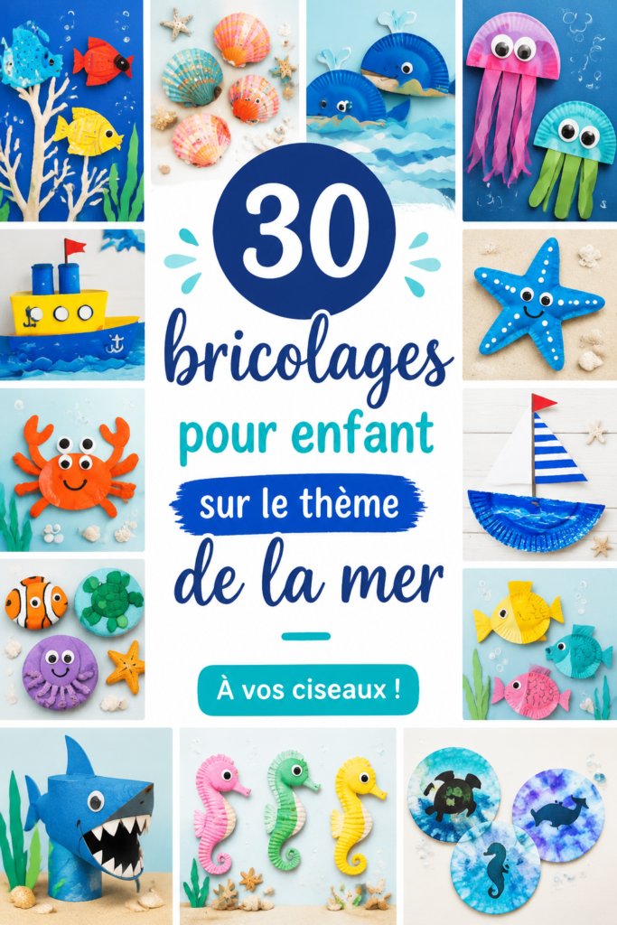 Bricolages colorés inspirés de la mer réalisés par des enfants.