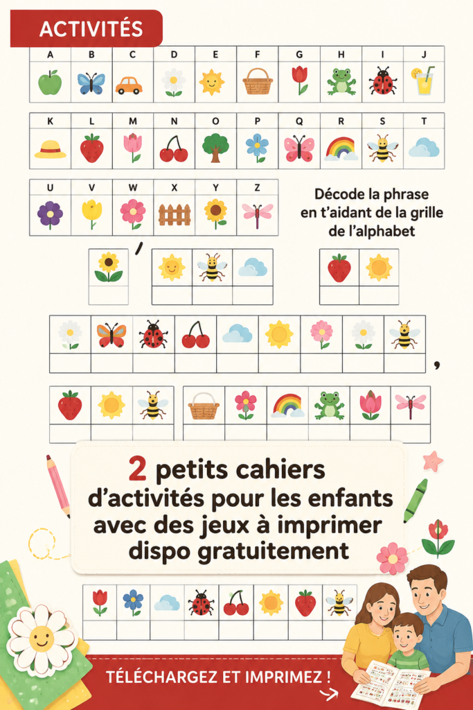 Cahier d'activités imprimé avec des jeux pour enfants sur une table.