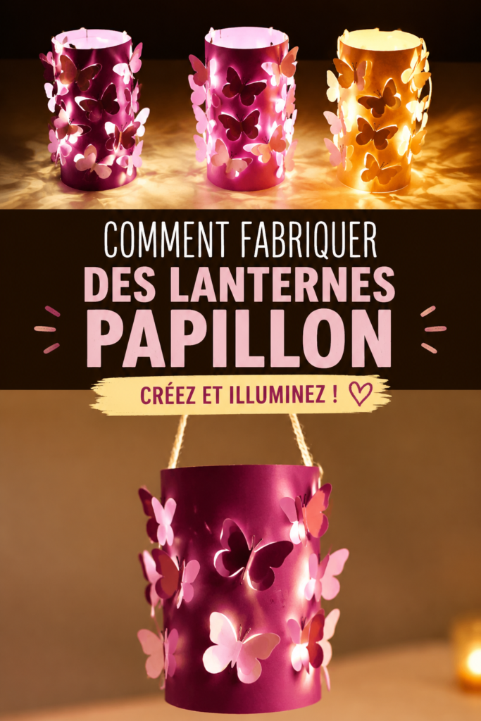 Lanternes en papier en forme de papillon illuminées dans un jardin