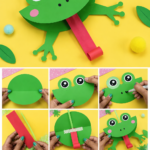 Image d'une grenouille en papier faite par des enfants dans un environnement créatif.