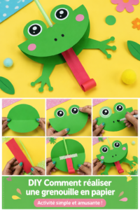 Image d'une grenouille en papier faite par des enfants dans un environnement créatif.