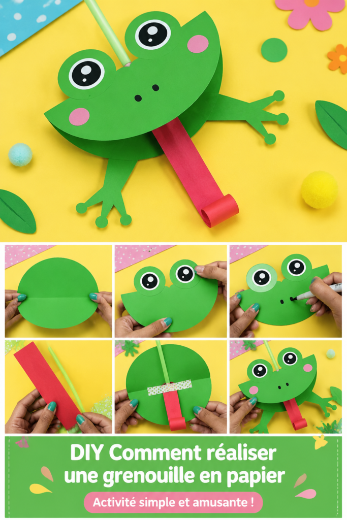 Image d'une grenouille en papier faite par des enfants dans un environnement créatif.