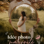 Une femme enceinte souriant devant un décor créatif pour une photo de maternité.