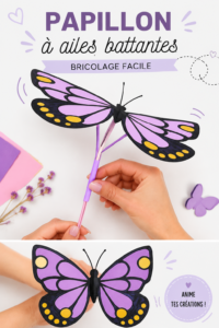 Un papillon coloré en papier qui vole, réalisé par des enfants lors d'une activité manuelle.