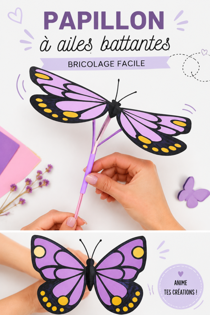 Un papillon coloré en papier qui vole, réalisé par des enfants lors d'une activité manuelle.