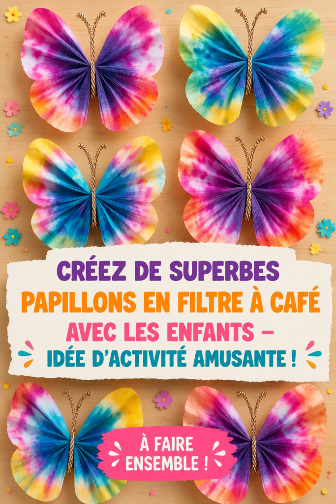 Un enfant souriant tenant un papillon coloré en filtre à café fait maison.