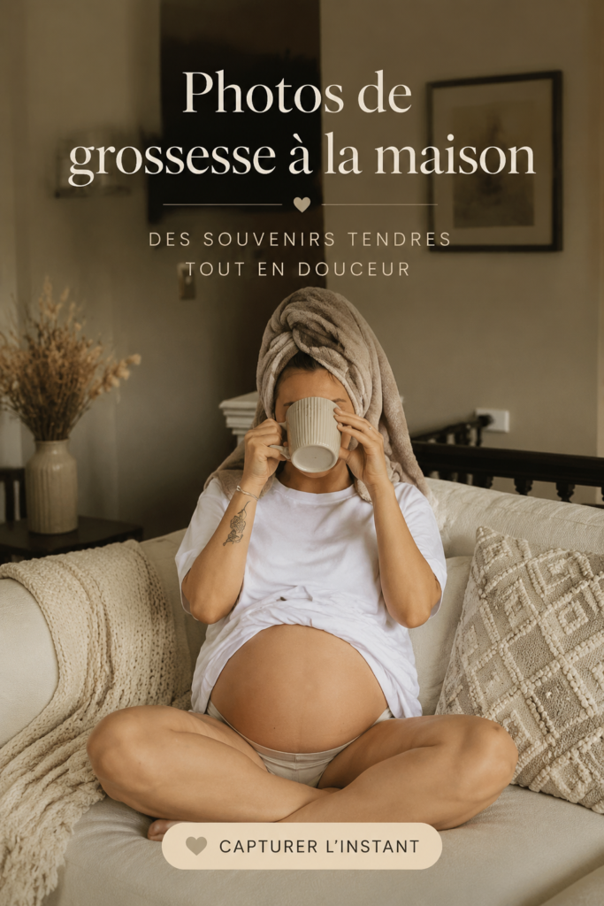 Femme enceinte se tenant dans son salon avec une lumière naturelle douce, photos maternité à domicile.
