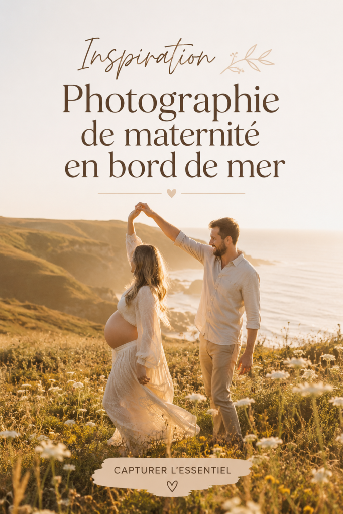 Séance photo de maternité sur la plage avec maman au ventre rond, capturant des moments doux au bord de la mer.