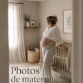 Séance photo de maternité à la maison avec une maman souriante