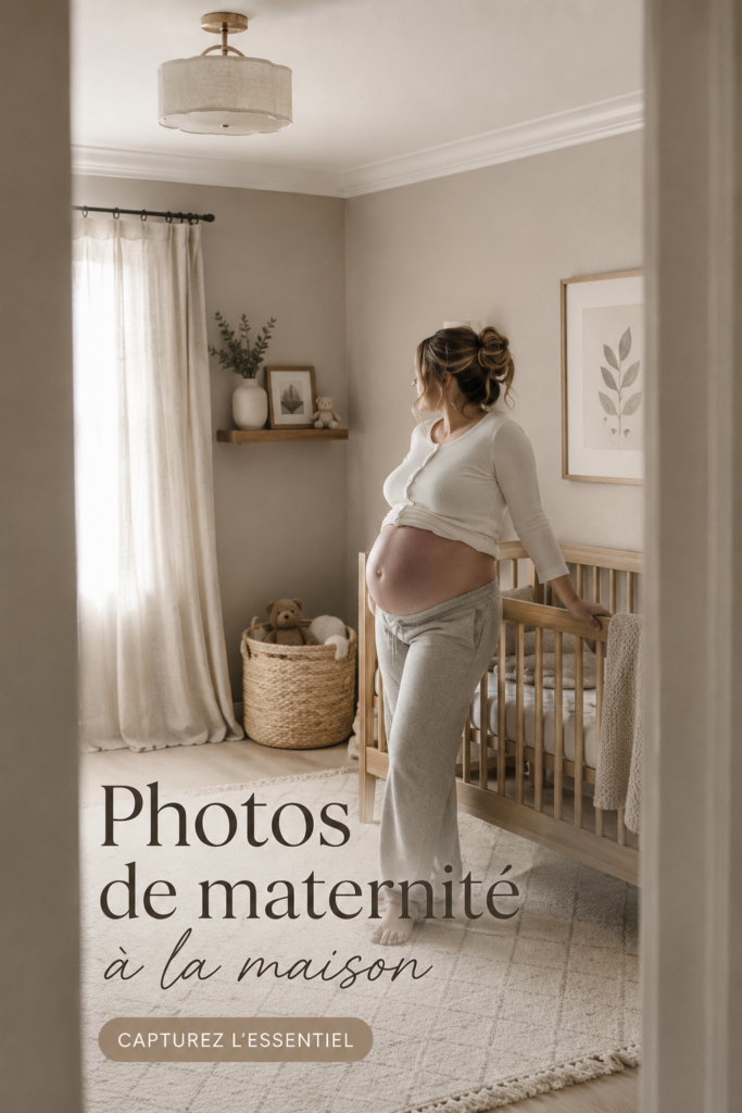 Séance photo de maternité à la maison avec une maman souriante