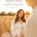 Femme enceinte posant dans un champ doré, rayonnante et heureuse
