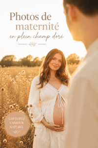 Femme enceinte posant dans un champ doré, rayonnante et heureuse