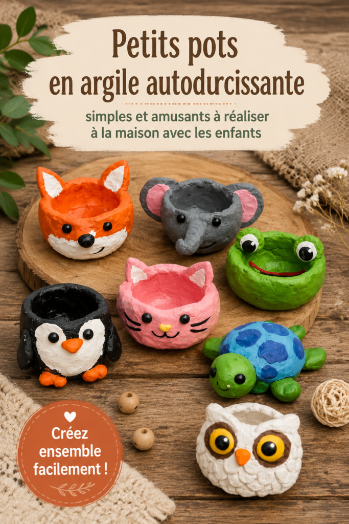 Pots colorés en pâte autodurcissante réalisés par des enfants