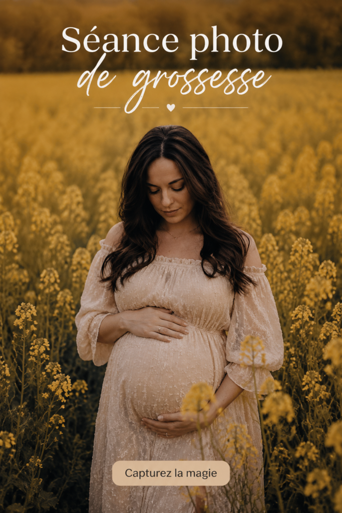 Femme enceinte posant dans un champ de fleurs colorées lors d'une séance photo de grossesse