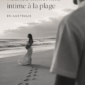 Séance photo intime de maternité sur la plage au coucher de soleil en Australie