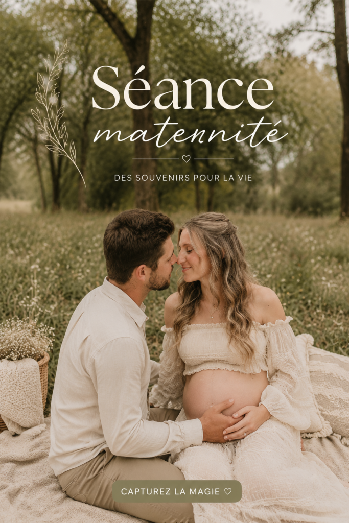 Femme enceinte posant pour un shooting photo de maternité en extérieur, capturant un moment de bonheur et d'amour familial.