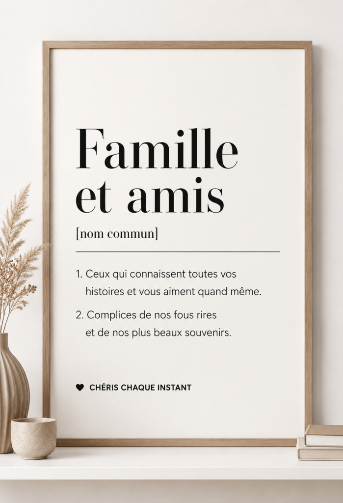 Affiche humoristique sur la famille dans un intérieur moderne.