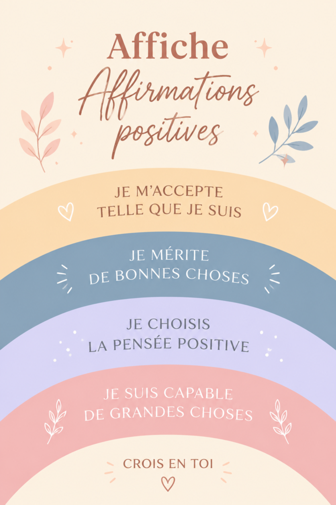 Affiche inspirante avec des affirmations positives sur fond coloré