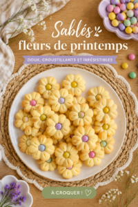 Biscuits fleuris colorés sortant du four, prêts à être décorés et dégustés.