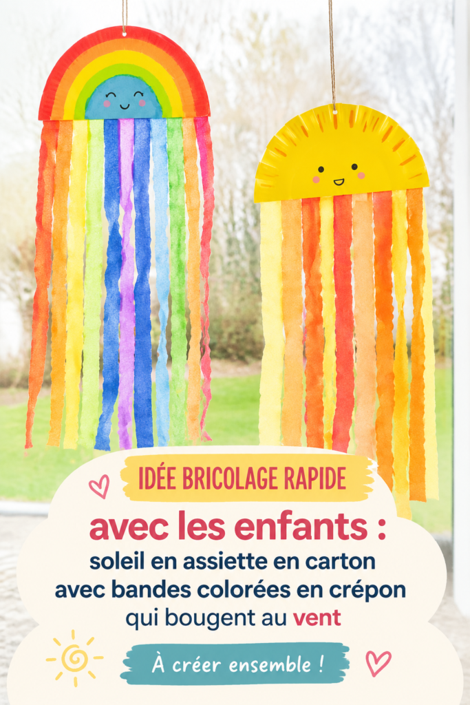 Décoration ensoleillée réalisée avec des assiettes en carton et du papier crépon coloré.