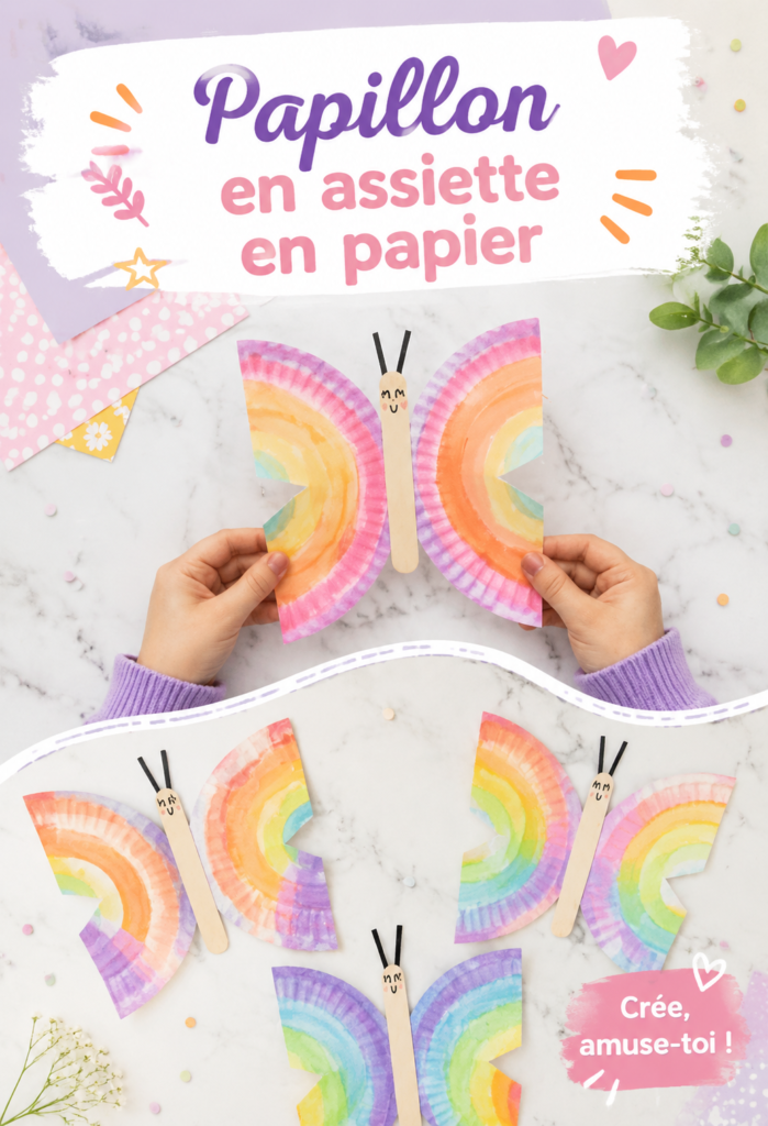 Papillon coloré réalisé en assiette en papier