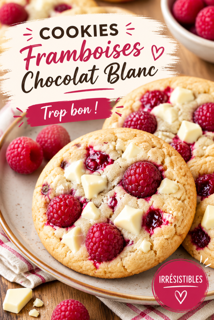 Cookies aux framboises et chocolat blanc fraîchement cuits sur une assiette.