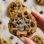Des cookies sains à la banane et flocons d'avoine sur une assiette en bois.