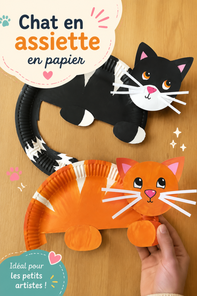 Un chat en assiette en papier coloré réalisé par des enfants, parfait pour une activité DIY