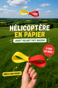 Hélicoptère en papier fabriqué à la main, suspendu dans les airs.