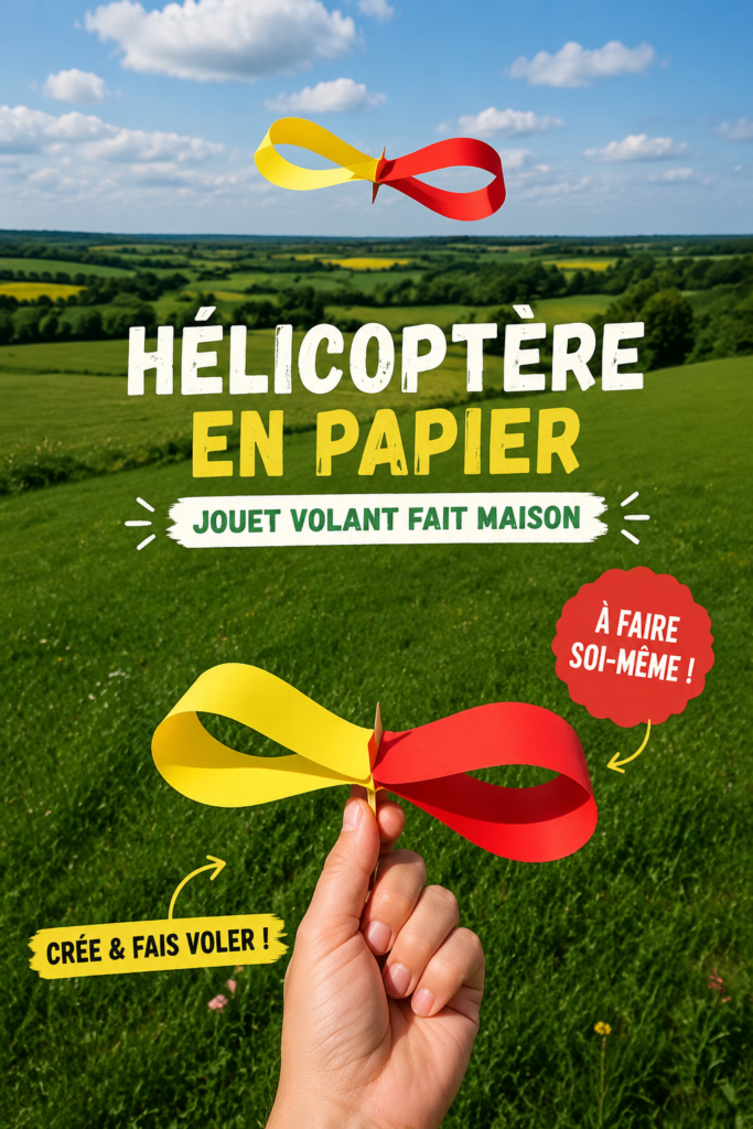 Hélicoptère en papier fabriqué à la main, suspendu dans les airs.