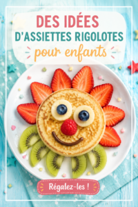 Assiette colorée et amusante pour enfants, avec des légumes et des fruits disposés de manière ludique.