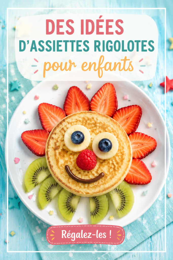 Assiette colorée et amusante pour enfants, avec des légumes et des fruits disposés de manière ludique.