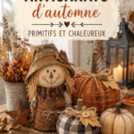 Image d'une création d'automne de style primitif, mettant en avant des matériaux naturels et des couleurs chaudes