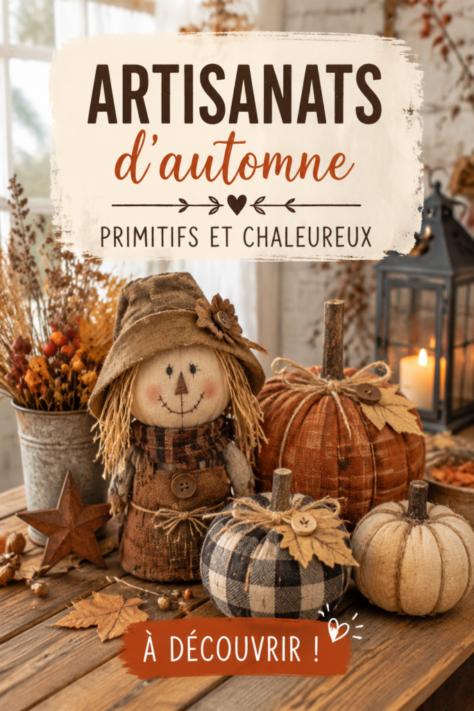 Image d'une création d'automne de style primitif, mettant en avant des matériaux naturels et des couleurs chaudes