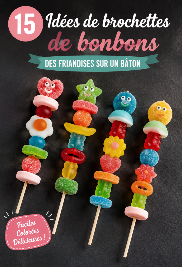 Kebab de bonbons colorés pour une fête d'enfants, avec des variétés de bonbons sur des bâtonnets.