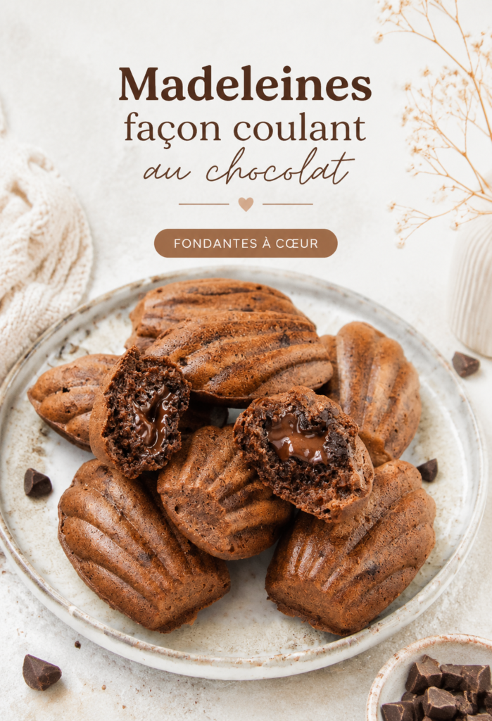 Madeleines au chocolat avec un cœur coulant, présentées sur une assiette blanche, dans un cadre chaleureux et convivial.