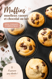 Muffins moelleux au yaourt et chocolat au lait sortant du four.