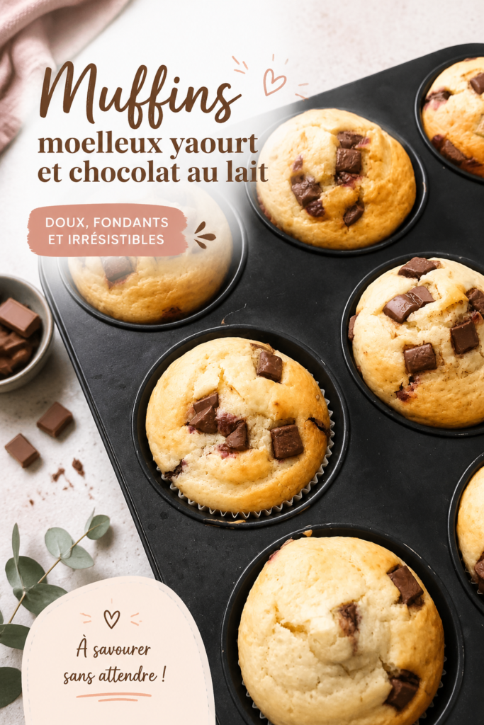 Muffins moelleux au yaourt et chocolat au lait sortant du four.