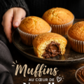 Muffins moelleux au cœur de Nutella fraîchement cuits sur un plat en bois.