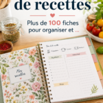 Carnet de recettes coloré avec des fiches organisées sur une table de cuisine.