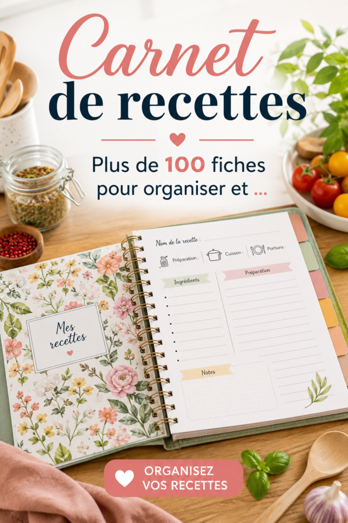 Carnet de recettes coloré avec des fiches organisées sur une table de cuisine.