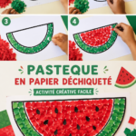 Création d'une pastèque en papier déchiré colorée sur une table.