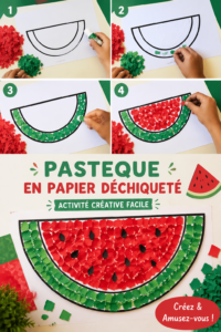 Création d'une pastèque en papier déchiré colorée sur une table.