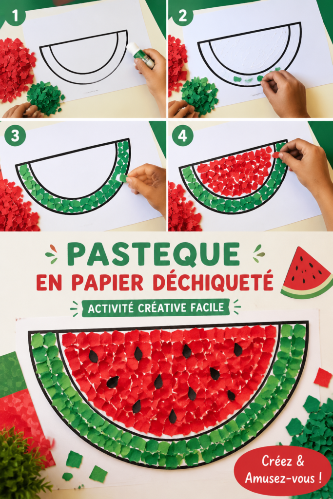 Création d'une pastèque en papier déchiré colorée sur une table.