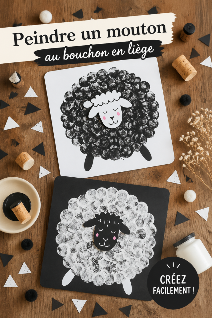 Peinture d'un mouton réalisée avec un bouchon en liège.