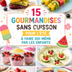Des enfants préparant des desserts d'été sans cuisson dans une cuisine lumineuse.