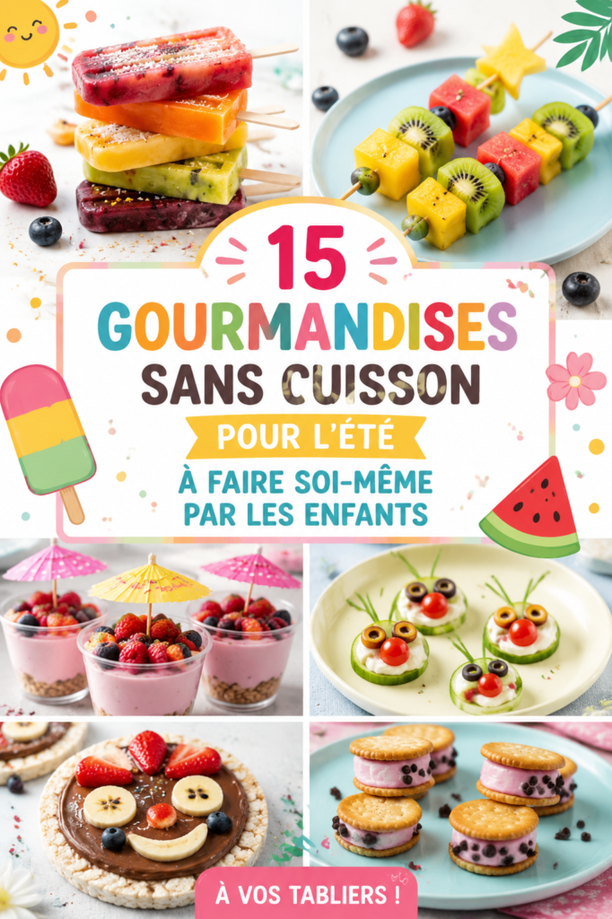Des enfants préparant des desserts d'été sans cuisson dans une cuisine lumineuse.